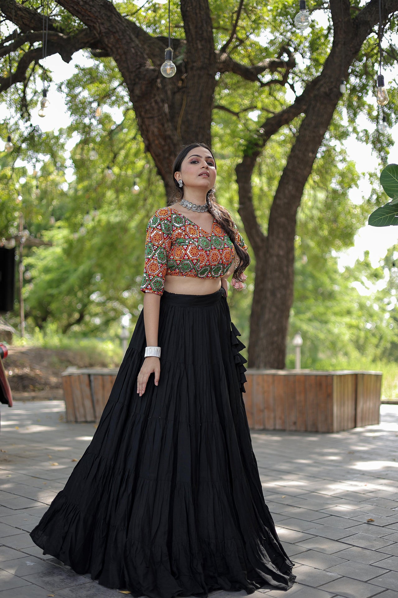 Lorenvalley Black Premium Rayon Lehenga with Georgette Embroidered Traditional Thread work Choli