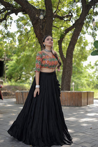 Thumbnail for Lorenvalley Black Premium Rayon Lehenga with Georgette Embroidered Traditional Thread work Choli
