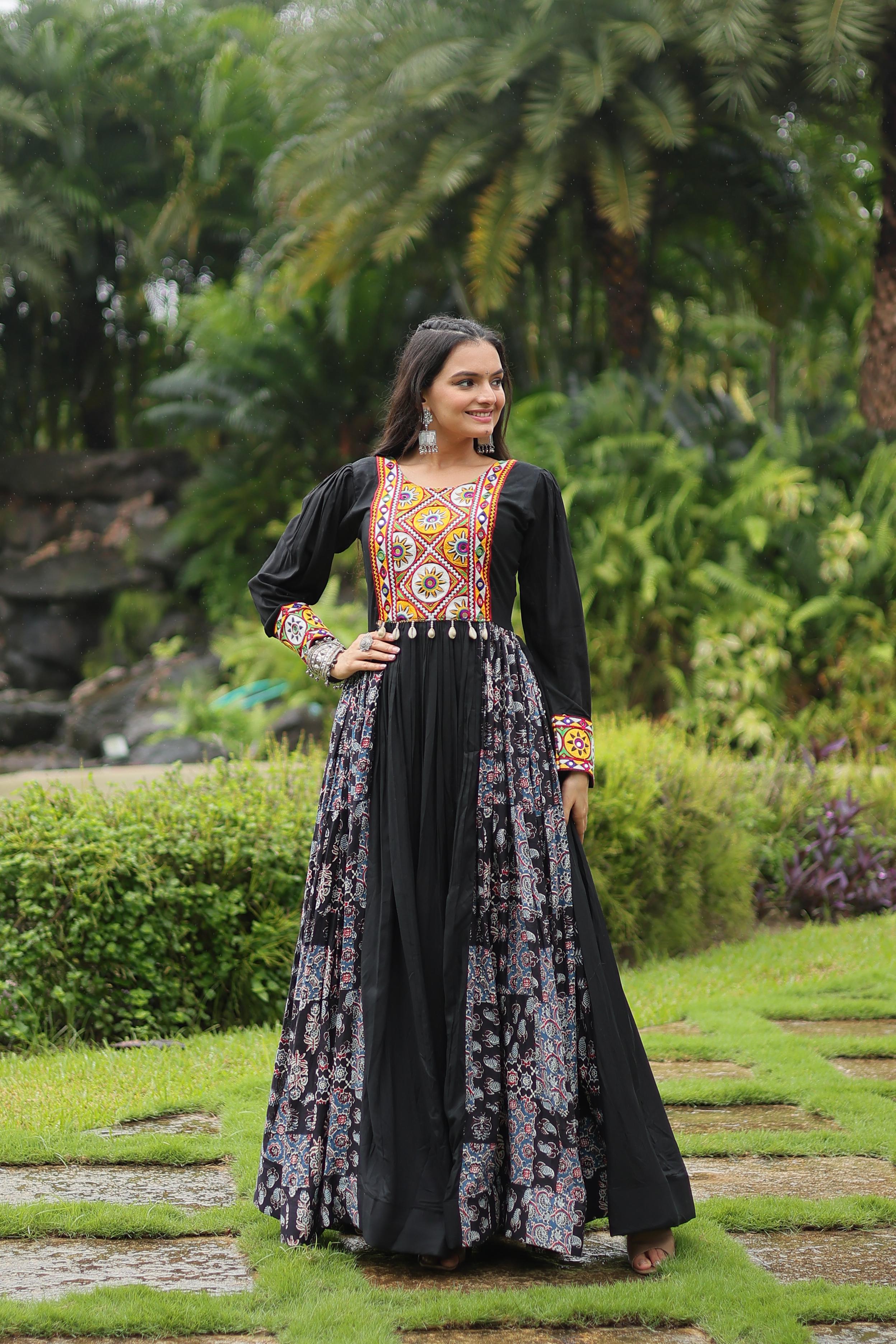 Lorenvalley Black Rayon Contrast of Printed with Kutchi Gamthi work Gown - Distacart
