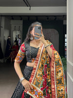 Thumbnail for Lorenvalley Fashion Black Tasar Silk Print with Foil Work and Real Mirror Gamthi Work with Lace Touch Up Lehenga Choli with Dupatta