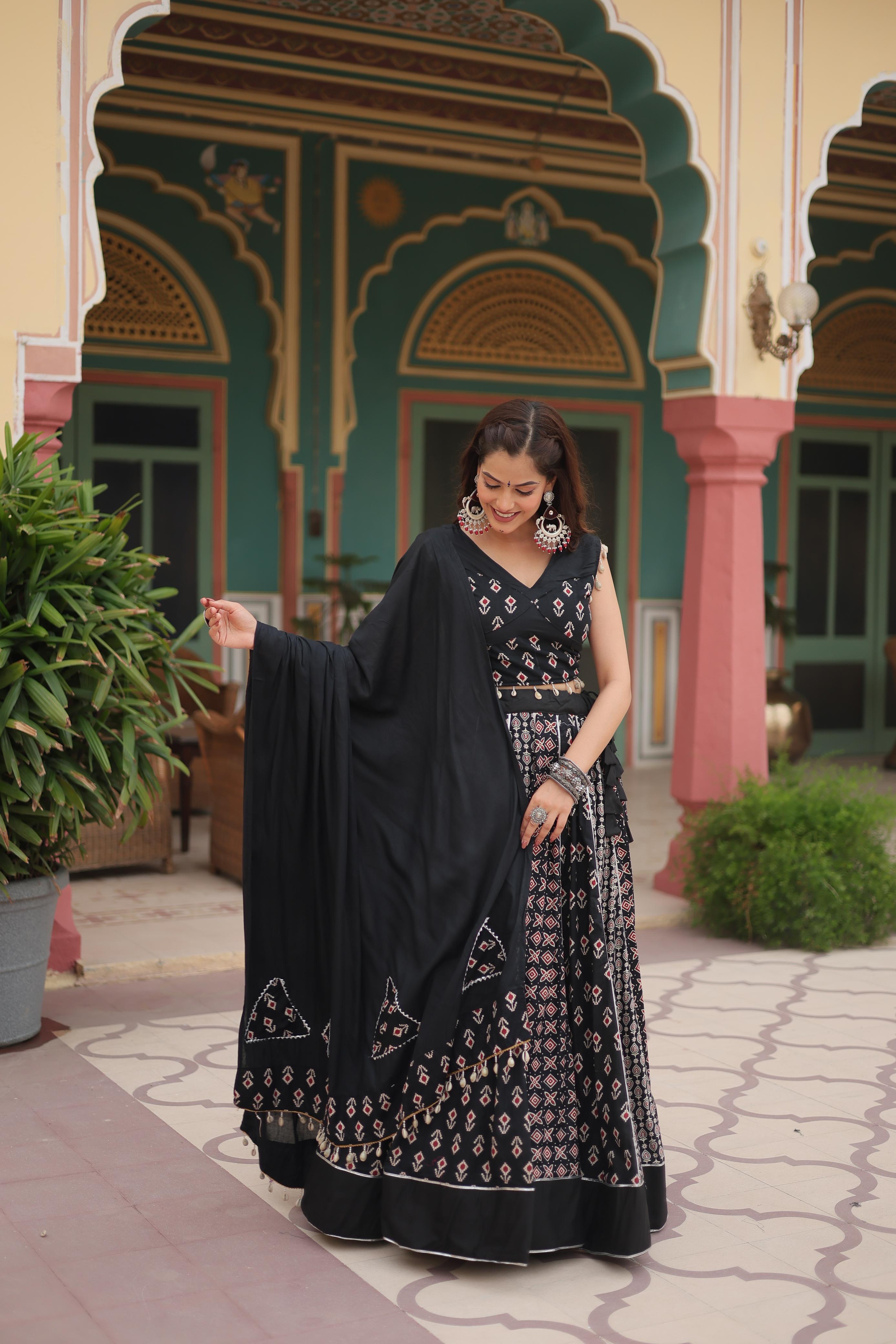 Lorenvalley Black Rayon Gota Patti Lace Printed Kali Pattern Lehenga Choli with Dupatta - Distacart