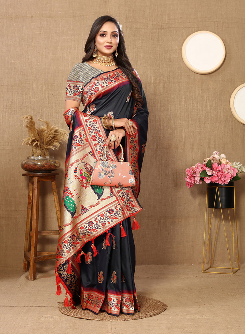 Lorenvalley Fashion Black Soft Paithani Silk Woven Design Rich Meenakari Zari Weaving Pallu Saree