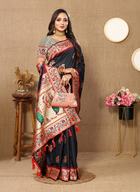 Thumbnail for Lorenvalley Fashion Black Soft Paithani Silk Woven Design Rich Meenakari Zari Weaving Pallu Saree