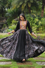 Thumbnail for Lorenvalley Black Rayon Contrast of Printed with Kutchi Gamthi work Gown - Distacart