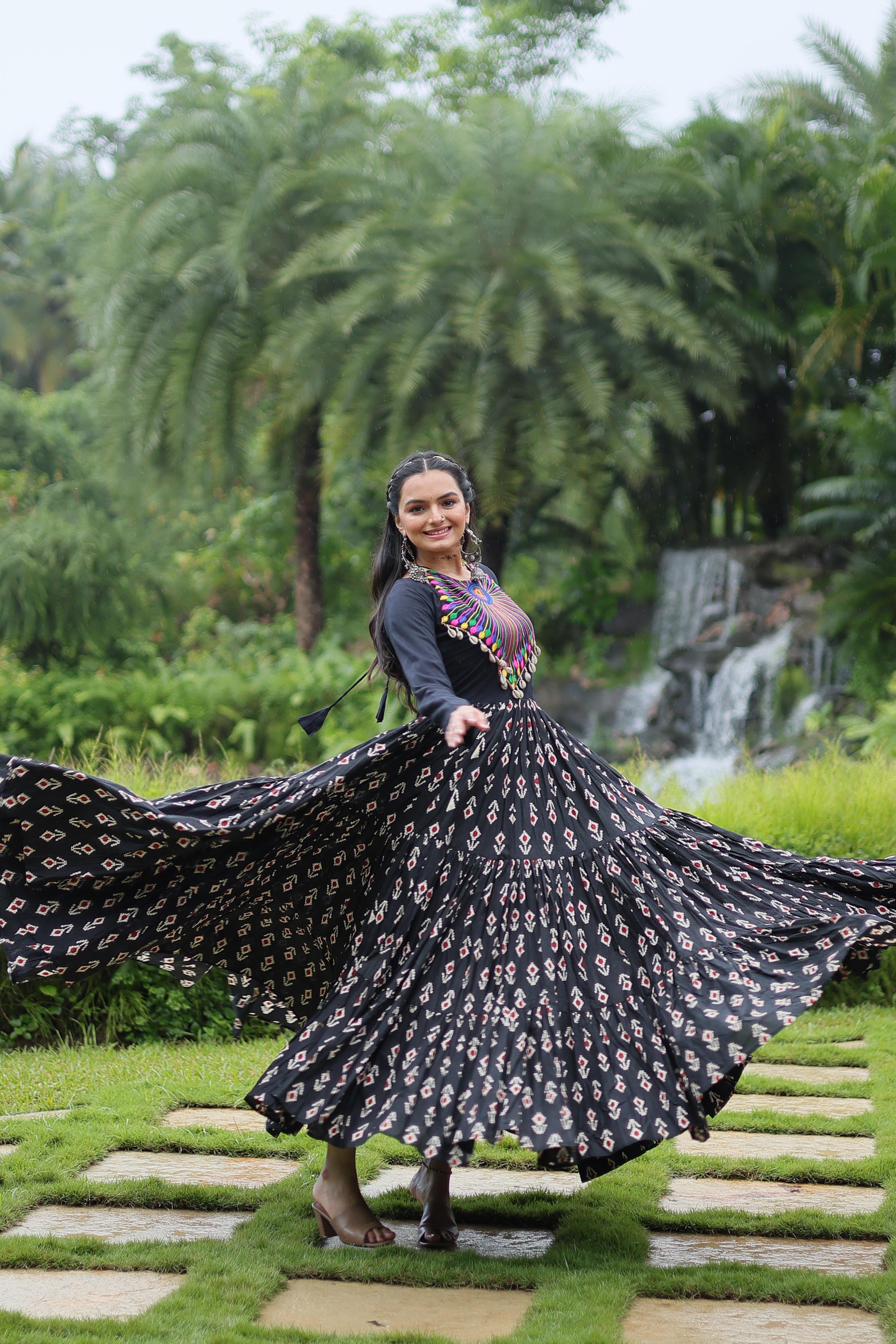 Lorenvalley Black Cotton Printed With Kutchi Gamthi Work and Kodi Lace Gown - Distacart