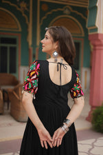 Thumbnail for Lorenvalley Black Rayon Fabric with Kutchi Gamthi Kodi work Gown - Distacart