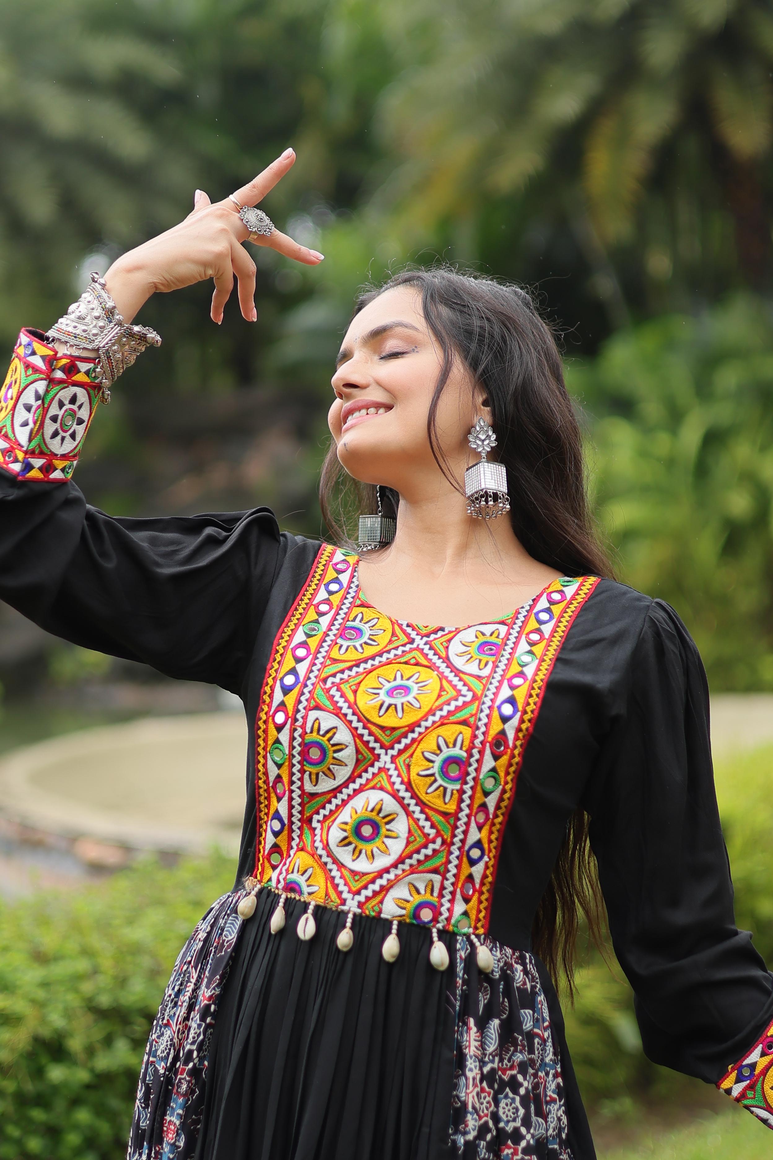 Lorenvalley Black Rayon Contrast of Printed with Kutchi Gamthi work Gown - Distacart