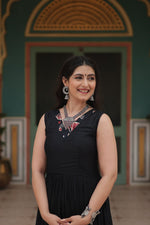 Thumbnail for Lorenvalley Black Rayon Fabric with Printed Attached In Frill And Neck Gown - Distacart