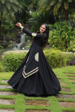 Thumbnail for Lorenvalley Black Rayon Fabric With Kutchi Gamthi Lace Gown - Distacart