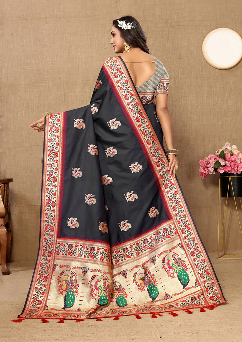 Lorenvalley Fashion Black Soft Paithani Silk Woven Design Rich Meenakari Zari Weaving Pallu Saree