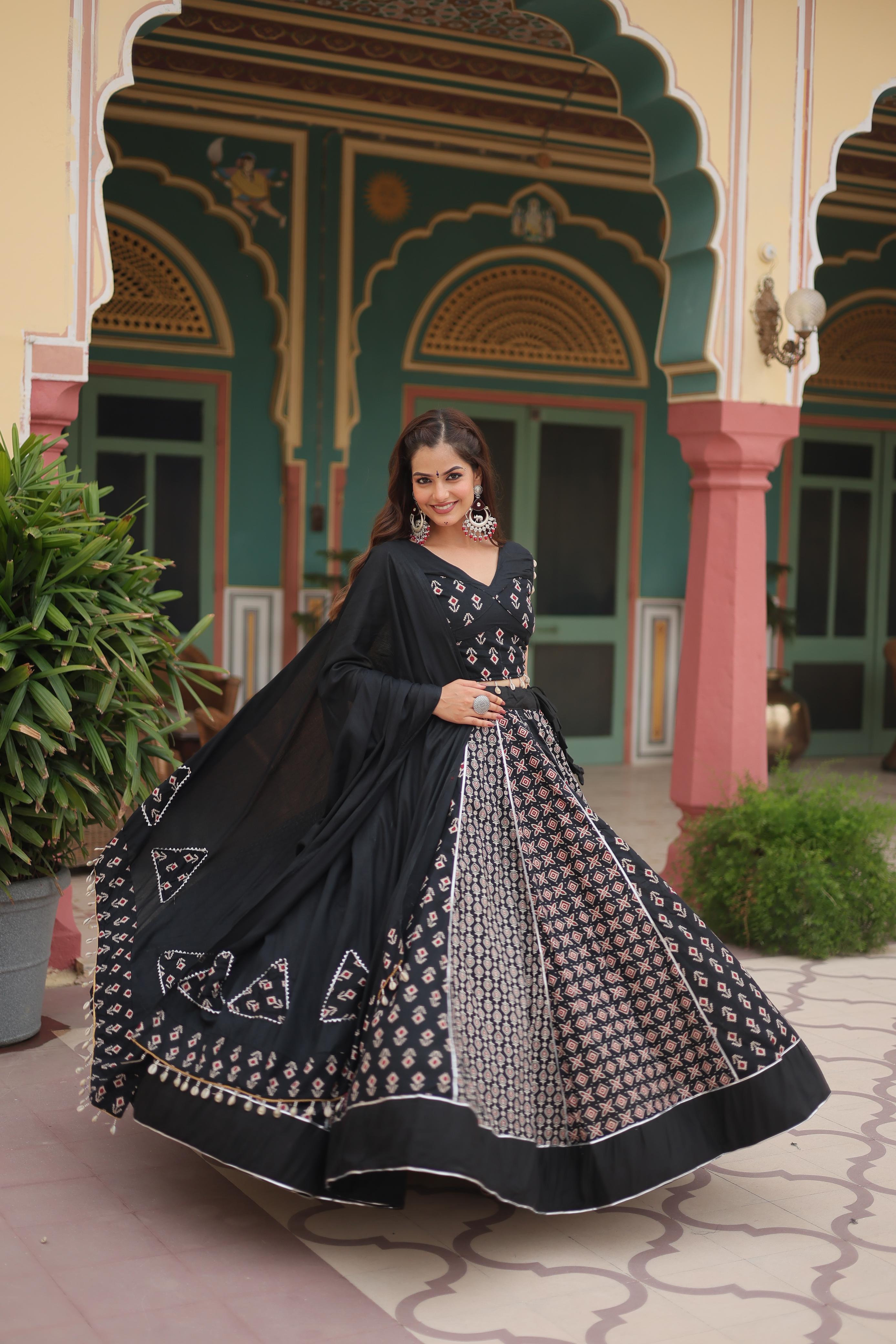 Lorenvalley Black Rayon Gota Patti Lace Printed Kali Pattern Lehenga Choli with Dupatta - Distacart