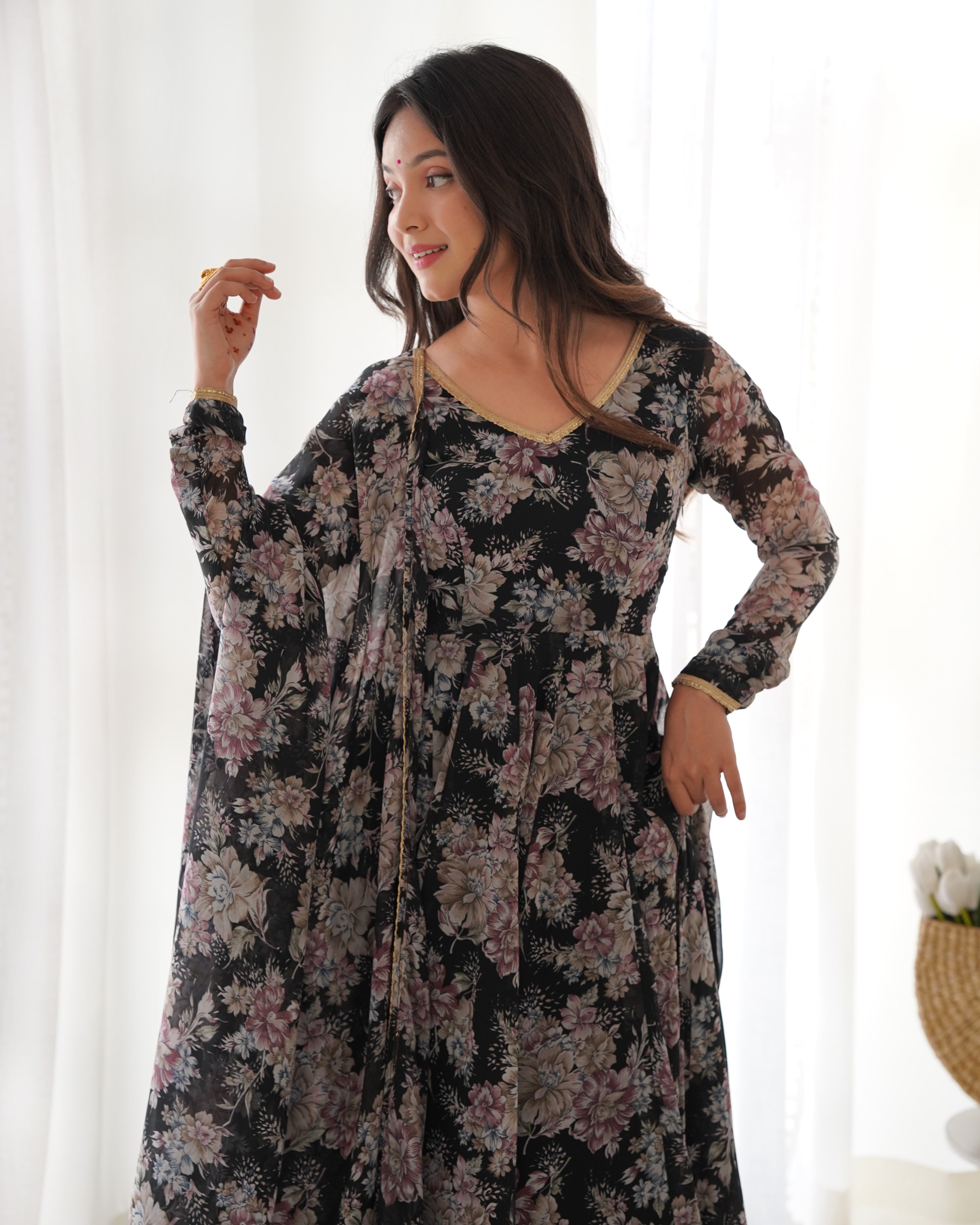 Lorenvalley Pure Faux Georgette Multi Floral Print Fully Flared Anarkali Pant With Dupatta Set - Black - Distacart