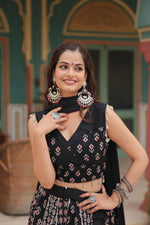 Thumbnail for Lorenvalley Black Rayon Gota Patti Lace Printed Kali Pattern Lehenga Choli with Dupatta - Distacart