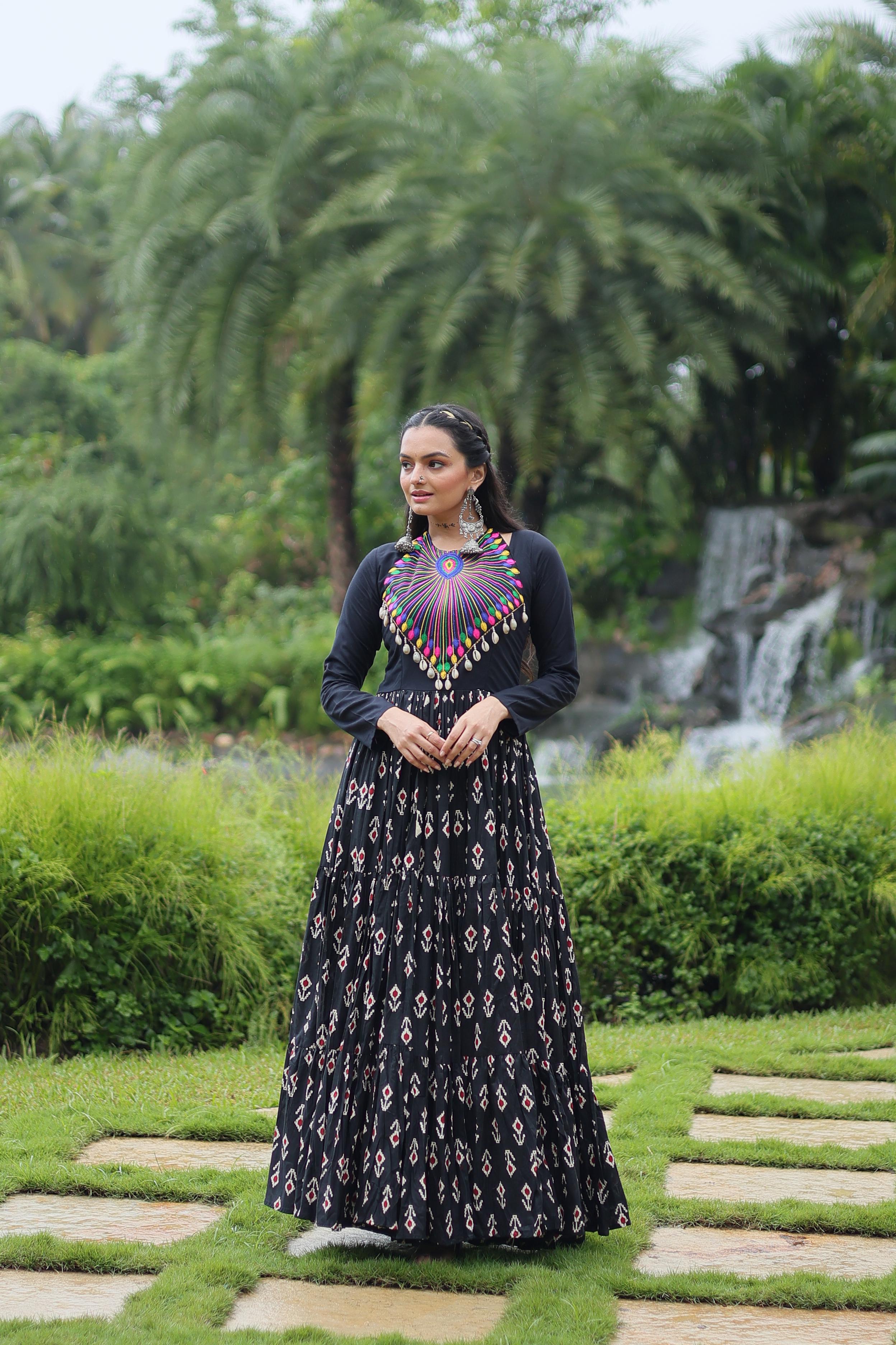 Lorenvalley Black Cotton Printed With Kutchi Gamthi Work and Kodi Lace Gown - Distacart