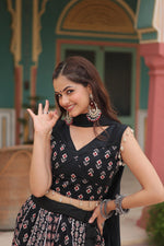 Thumbnail for Lorenvalley Black Rayon Gota Patti Lace Printed Kali Pattern Lehenga Choli with Dupatta - Distacart