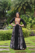 Thumbnail for Lorenvalley Black Rayon Contrast of Printed with Kutchi Gamthi work Gown - Distacart