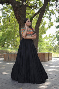 Thumbnail for Lorenvalley Black Premium Rayon Lehenga with Georgette Embroidered Traditional Thread work Choli