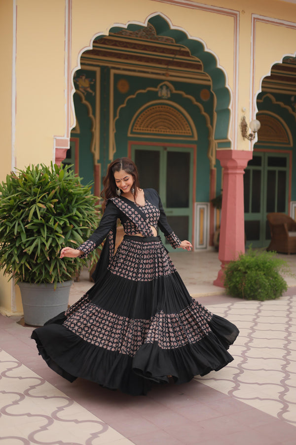Lorenvalley Black Printed Rayon Navratri Collection Lehenga Choli with Dupatta - Distacart