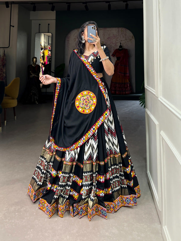 Lorenvalley Black Rayon With Printed Silk Original Mirror Gamthi Work Lehenga Choli With Dupatta - Distacart