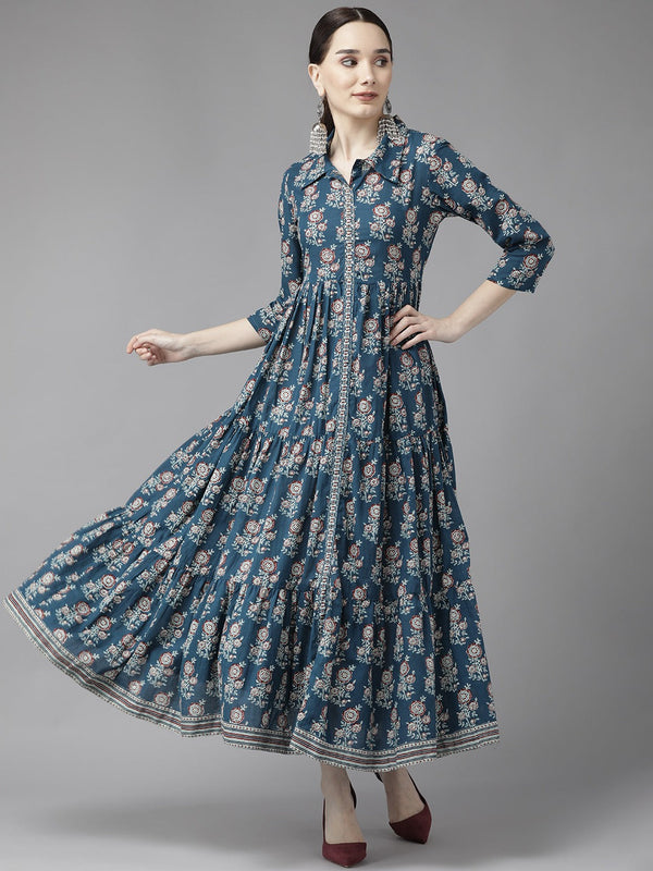 Yufta Blue Print Cotton Maxi Dress - Distacart