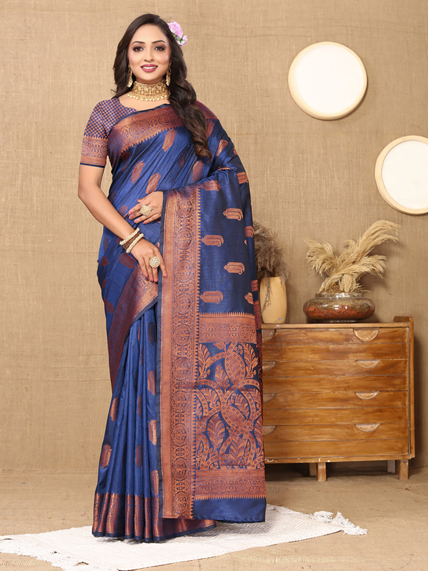 Lorenvalley Fashion Blue Soft Katan Silk Woven Design Copper Zari Weaving Saree