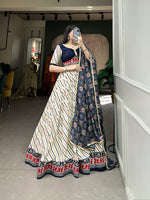 Thumbnail for Lorenvalley White And Blue Pure Cotton Leheriya With Patola Print Lehenga Choli With Dupatta - Distacart
