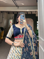 Thumbnail for Lorenvalley White And Blue Pure Cotton Leheriya With Patola Print Lehenga Choli With Dupatta - Distacart