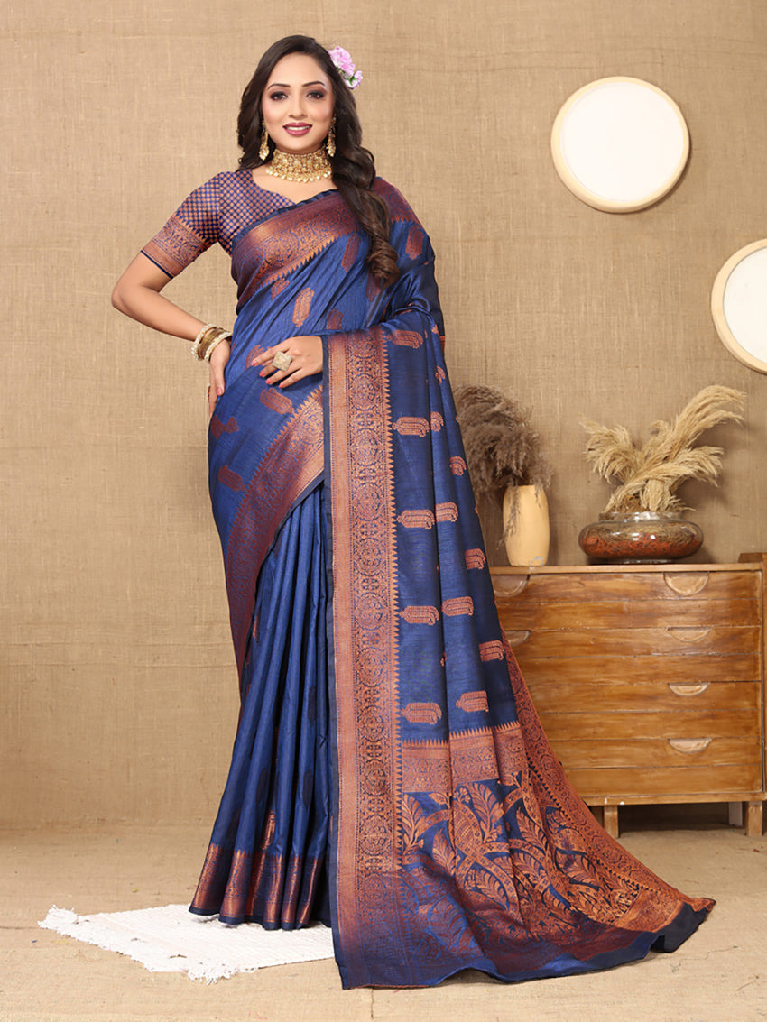 Lorenvalley Fashion Blue Soft Katan Silk Woven Design Copper Zari Weaving Saree