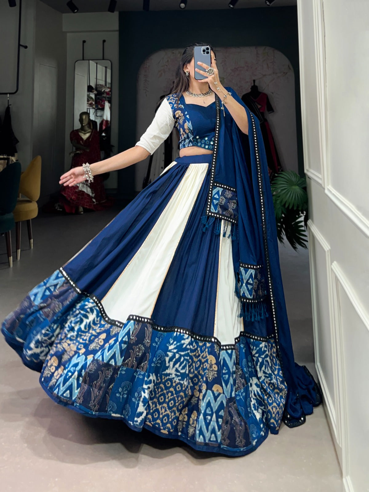 Lorenvalley Blue Pure Rayon with Plain And Printed With Paper Mirror Work Lace And Gota Patti Touch Up Lehenga Choli - Distacart
