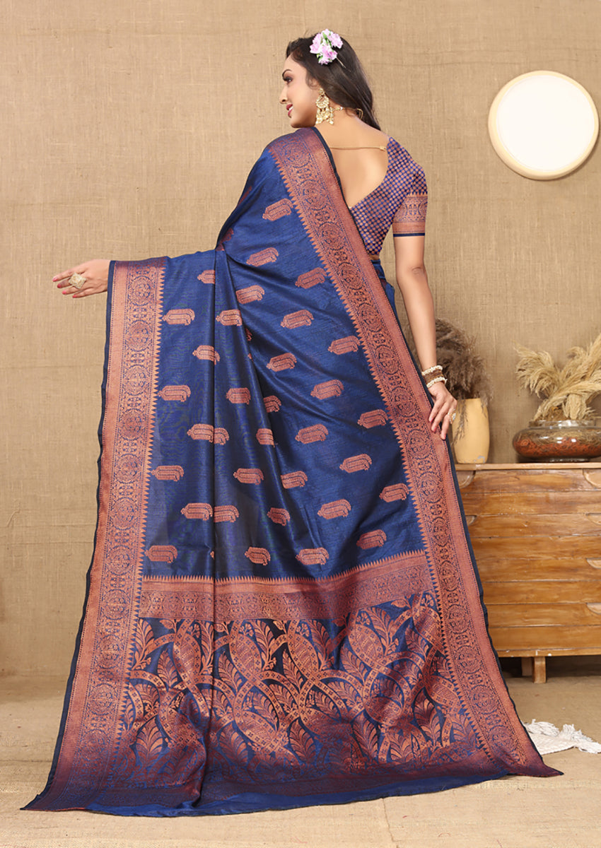 Lorenvalley Fashion Blue Soft Katan Silk Woven Design Copper Zari Weaving Saree