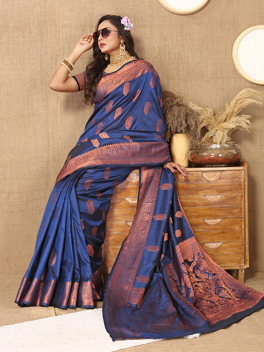 Lorenvalley Fashion Blue Soft Katan Silk Woven Design Copper Zari Weaving Saree
