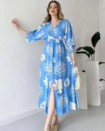 Thumbnail for Pimu Front Slit Midi Dresses V-neck Designs For Women Party Wear - Blue