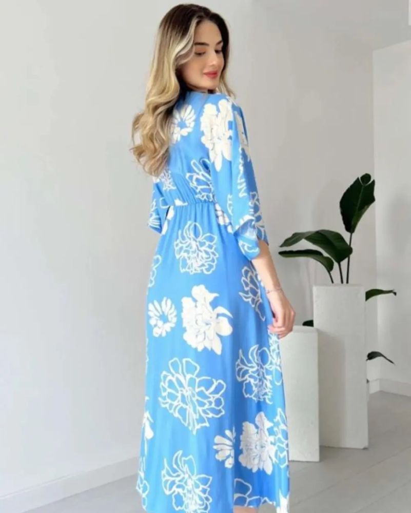 Pimu Front Slit Midi Dresses V-neck Designs For Women Party Wear - Blue