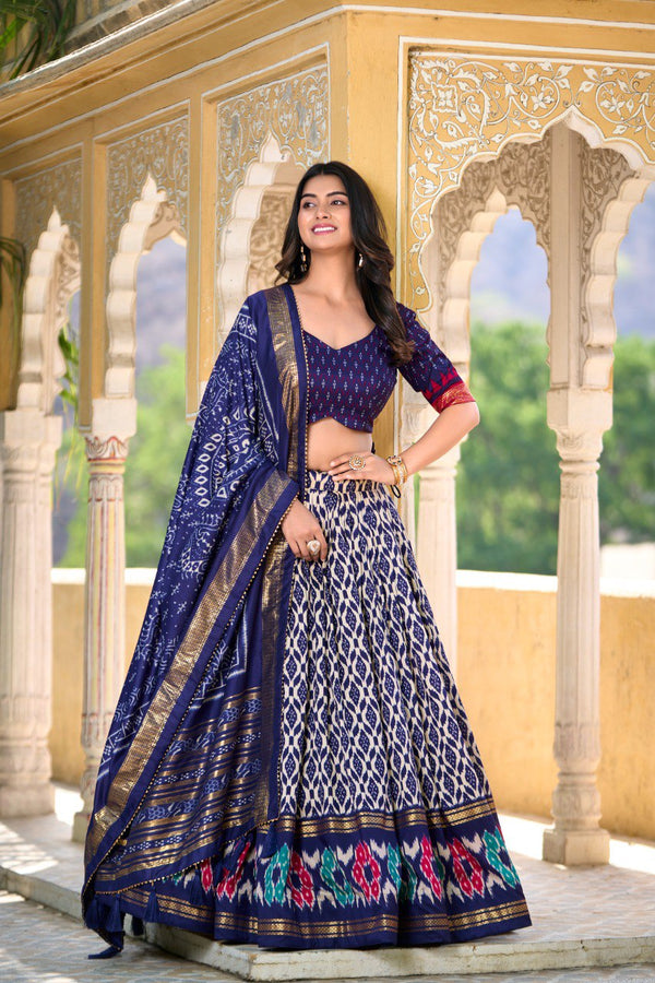 Lorenvalley Blue Tussar Silk Ikkat Print With Foil Work Lehenga Choli with Dupatta - Distacart