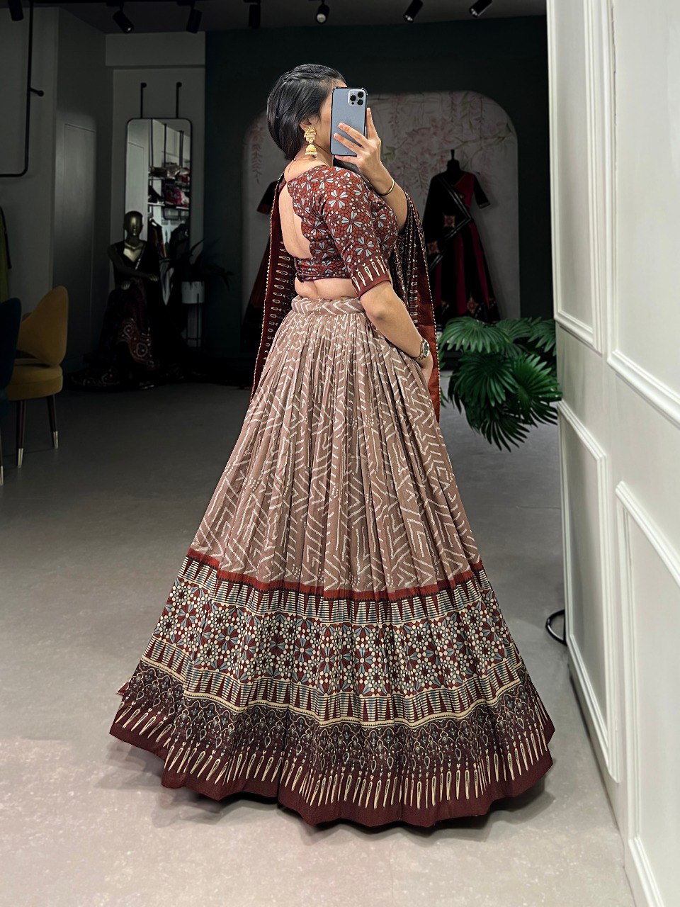 Lorenvalley Brown Tussar Silk Bandhej And Ajarakh Print Lehenga Choli with Dupatta - Distacart