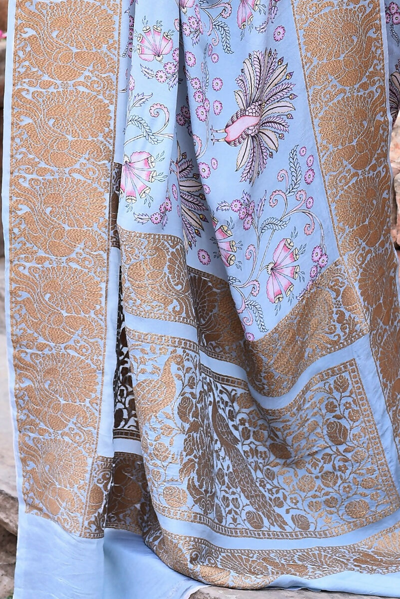 Joban Fashion Light Blue Crepe Chiffon Pure Handloom Banarasi Silk Saree