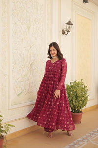 Thumbnail for Aastha Fashion Magenta Faux Georgette Printed Gown With Pant