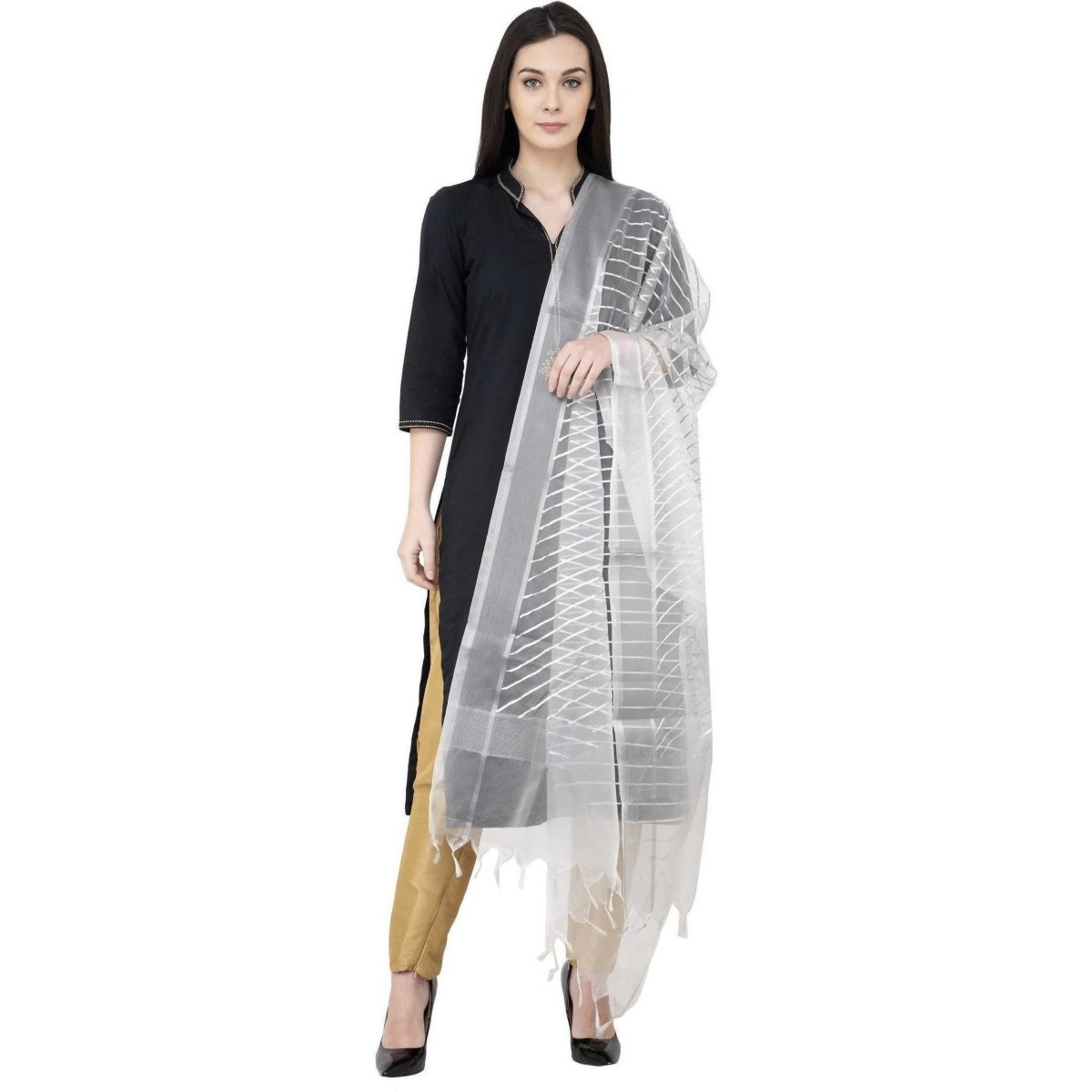 A R SILK Silver Leheriya Fancy Dupatta White Color Dupatta or Chunni