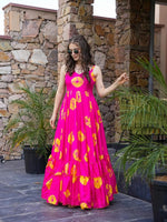 Thumbnail for Lorenvalley Magenta Rayon Floral Print Fit & Flare Gown
