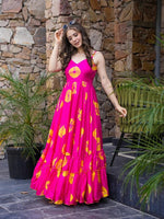 Thumbnail for Lorenvalley Magenta Rayon Floral Print Fit & Flare Gown