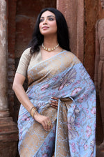 Thumbnail for Joban Fashion Light Blue Crepe Chiffon Pure Handloom Banarasi Silk Saree
