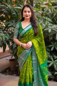 Thumbnail for Green Jute Silk Ethnic Motifs Saree with Unstitched Blouse - A2M