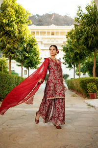 Thumbnail for Vaasva Women Maroon Muslin Floral & Embroidered Cut Work Kurta ,Sharara & Dupatta set - Distacart