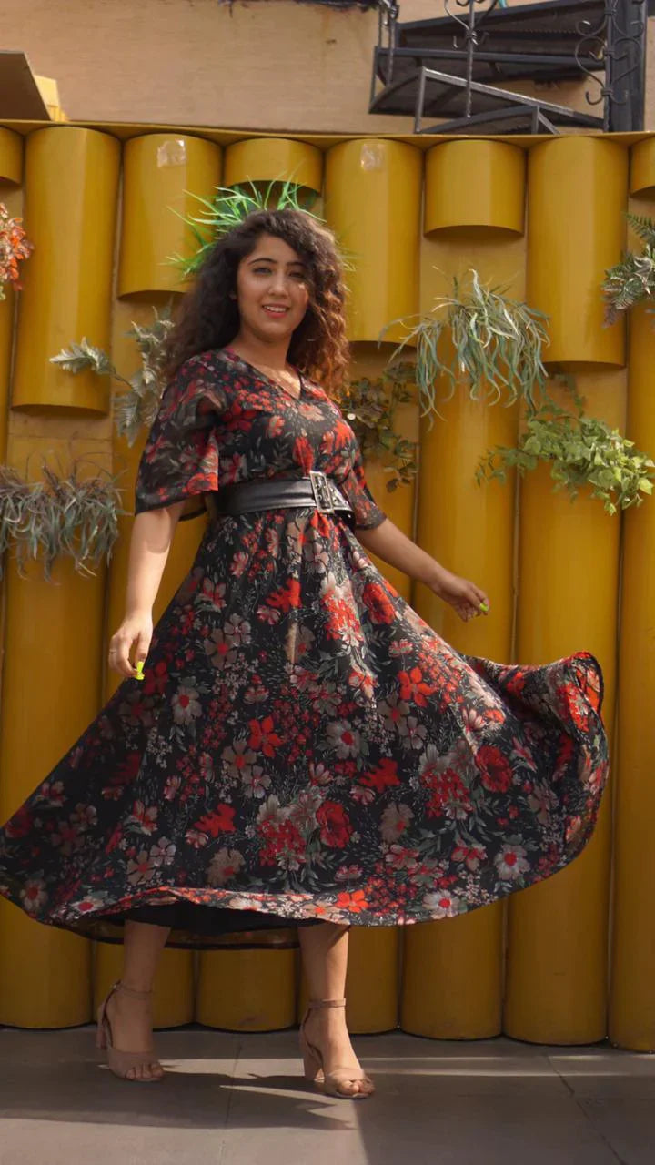 Women Black & Red Floral Printed Gorgette Flared Kurta - Rasiya