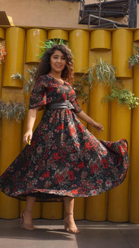 Thumbnail for Women Black & Red Floral Printed Gorgette Flared Kurta - Rasiya