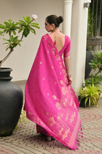 Thumbnail for Vishnu Weaves Women's Pink Linen Silk Zari Weaving Saree with Blouse