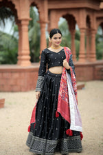 Thumbnail for Vastranavya Navaratri Collection Myra Silk Lehenga & Blouse With Maslin Crochet Printed Dupatta Set - Black - Distacart