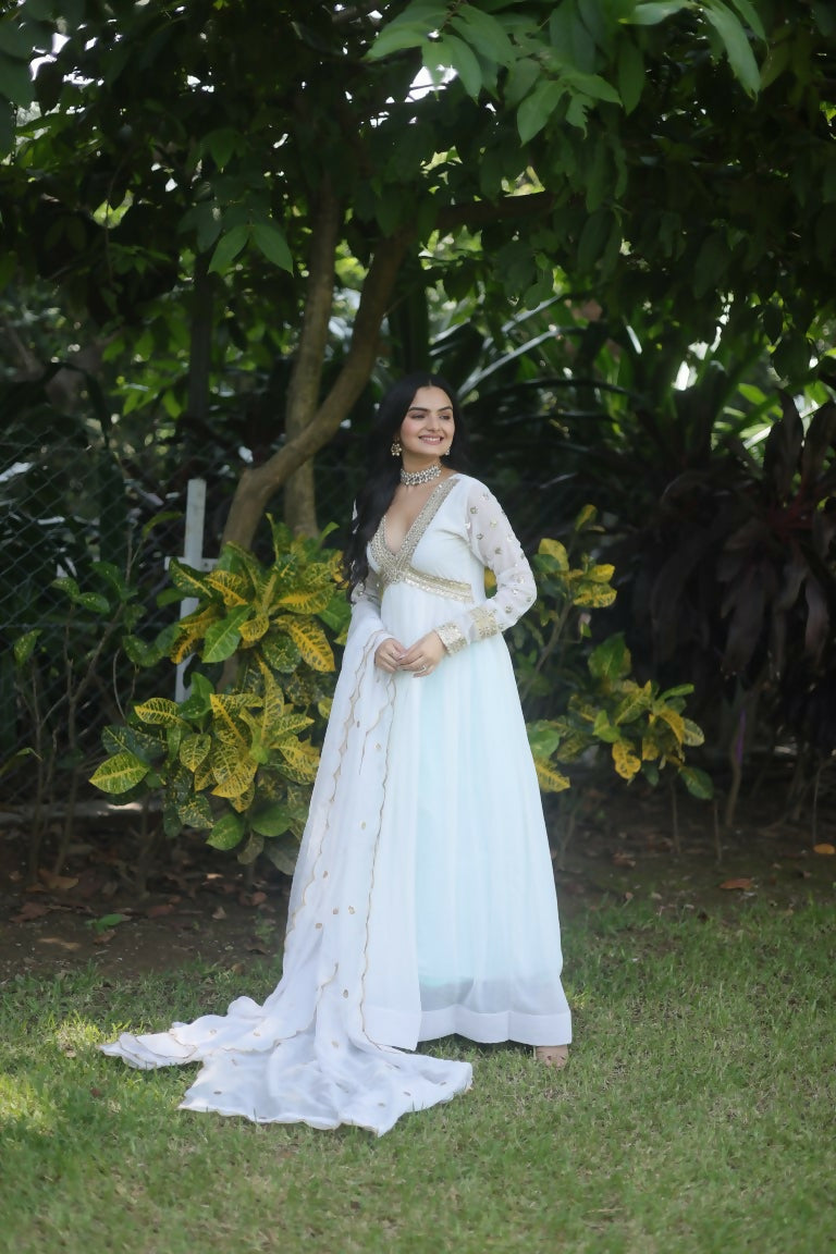 Jyoti Fashion Women's White Faux Blooming Sequins Zari Embroidered Anarkali Dress with Dupatta - Distacart