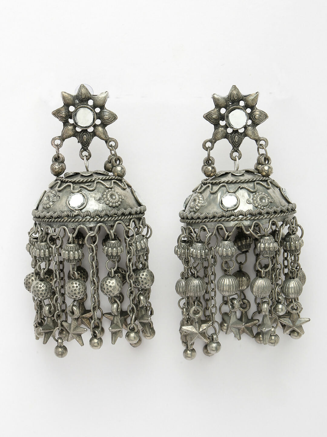 NVR Women's Silver Plated Mirror Work Oxidised Contemporary Jhumka Earrings - Distacart
