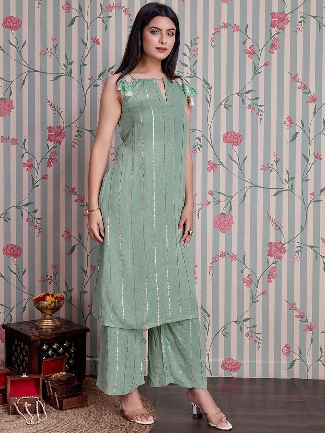 Ode by House of Pataudi Striped Straight Kurta with Palazzos - Distacart